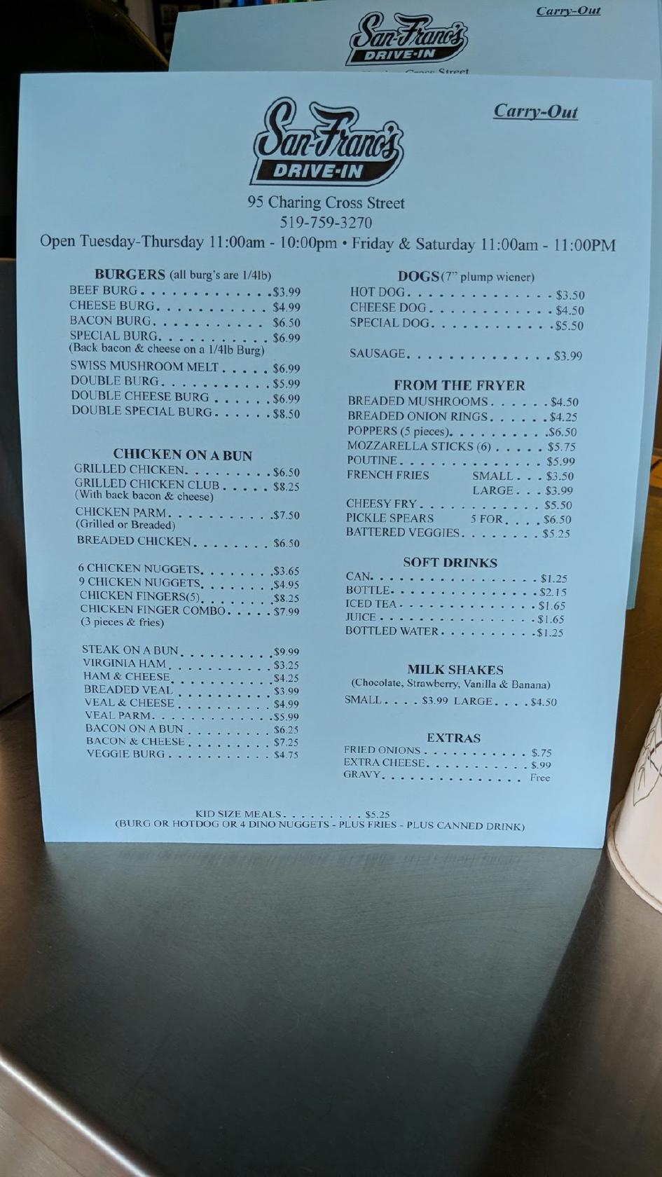 Menu at San Franos Carry Out Ltd fast food, Brantford