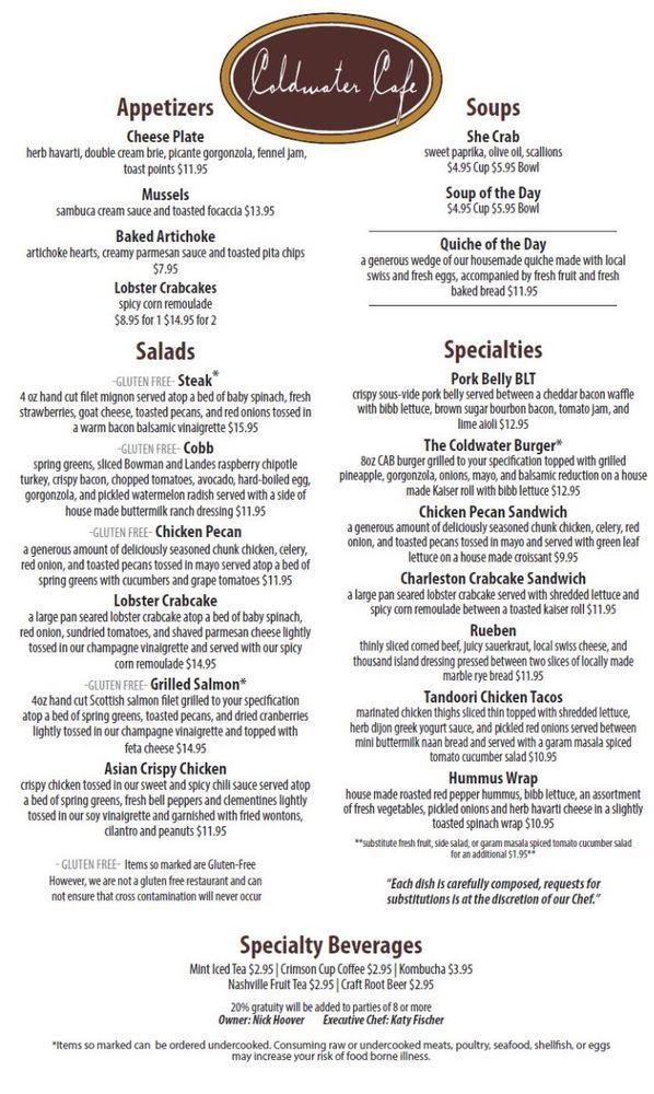 Menu at Coldwater Café restaurant, Tipp City