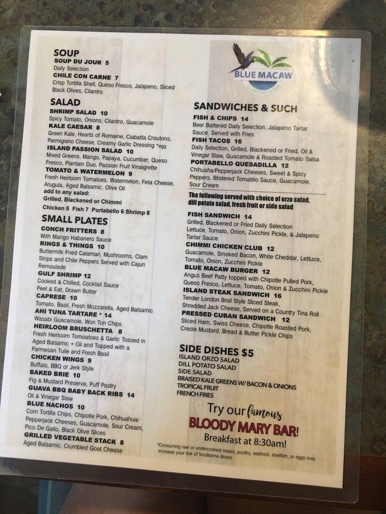 Menu at Blue Macaw restaurant, Key West