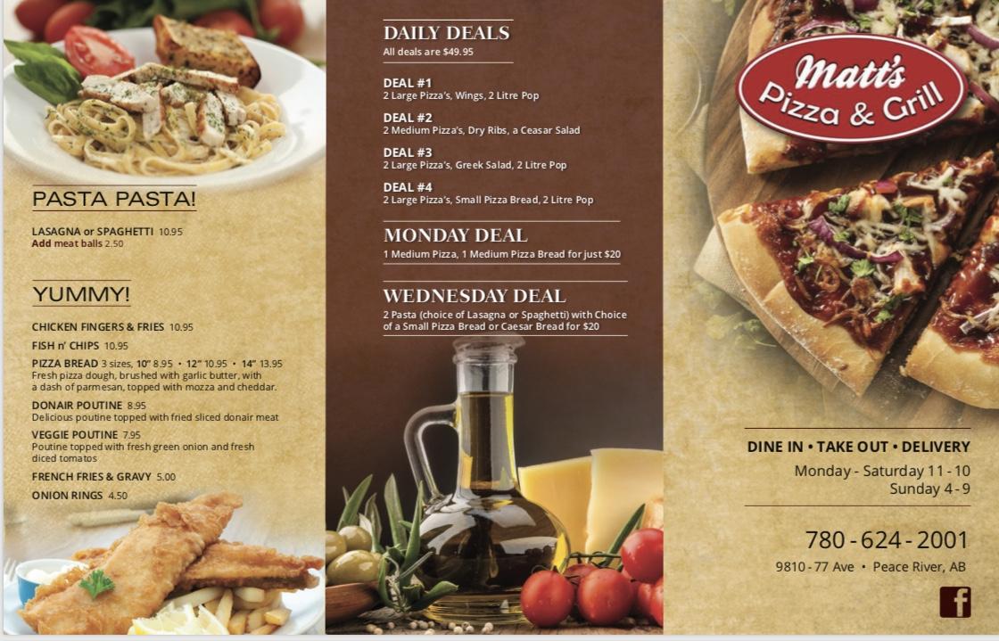 Menu at Matt's Pizza restaurant, Peace River