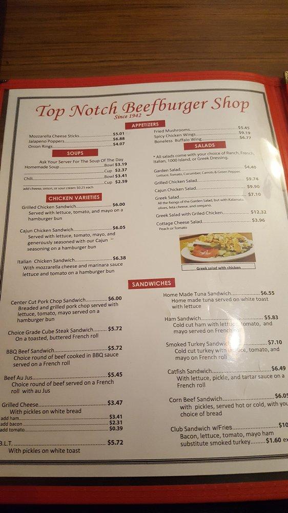 Menu at Top Notch Beefburgers restaurant, Chicago, W 95th St