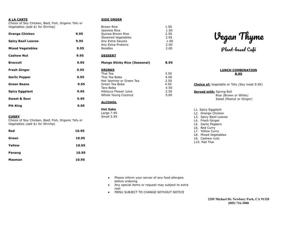 Menu at Vegan Thyme restaurant, Thousand Oaks