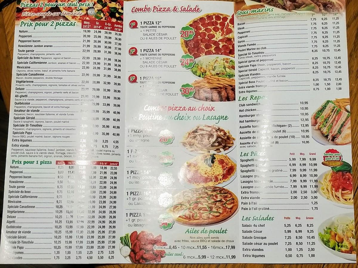 Menu au Papa Pizza restaurant, SalaberrydeValleyfield