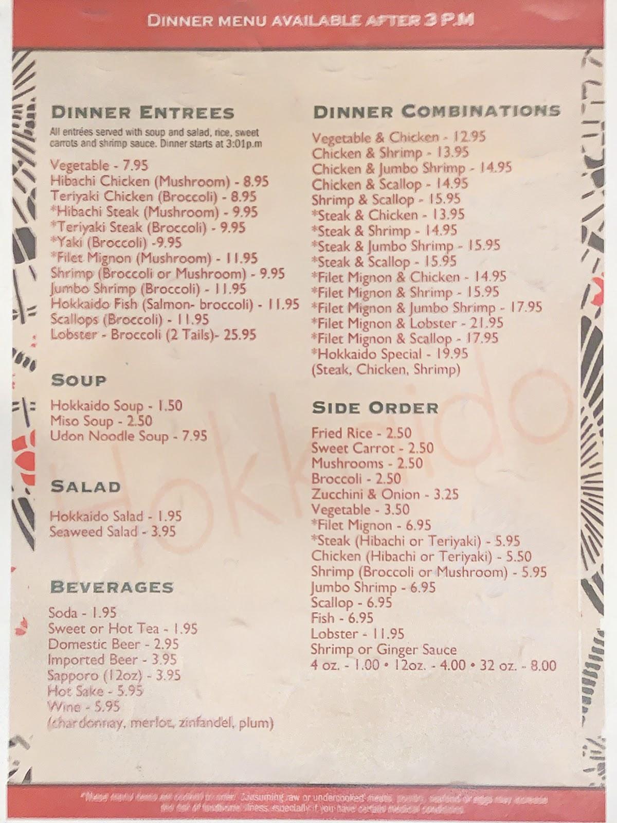 Menu at Hokkaido Restaurant, Boone