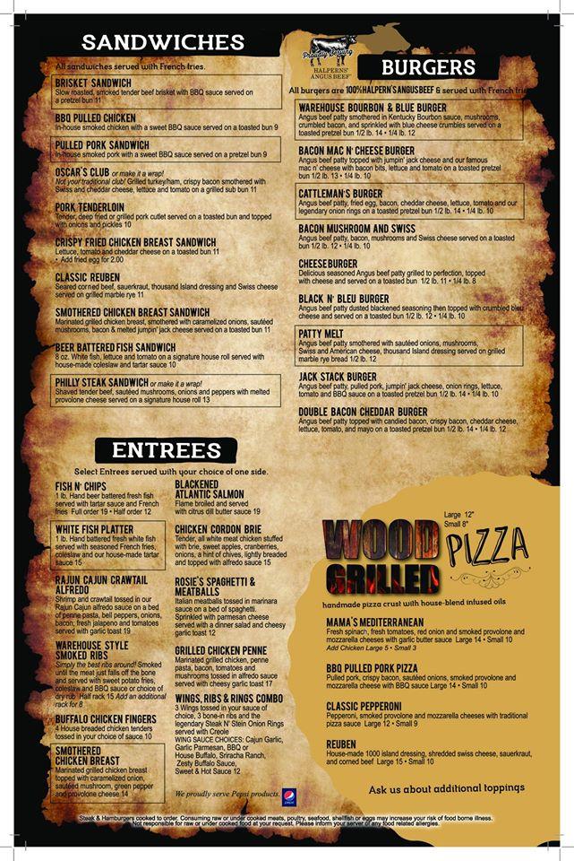 Menu at Warehouse Restaurants, Coshocton