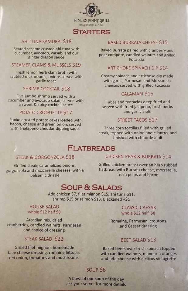 Menu at Finley Point Grill pub & bar, Finley Point