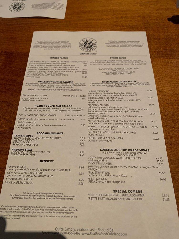 Menu at Real Seafood Company Toledo restaurant, Toledo