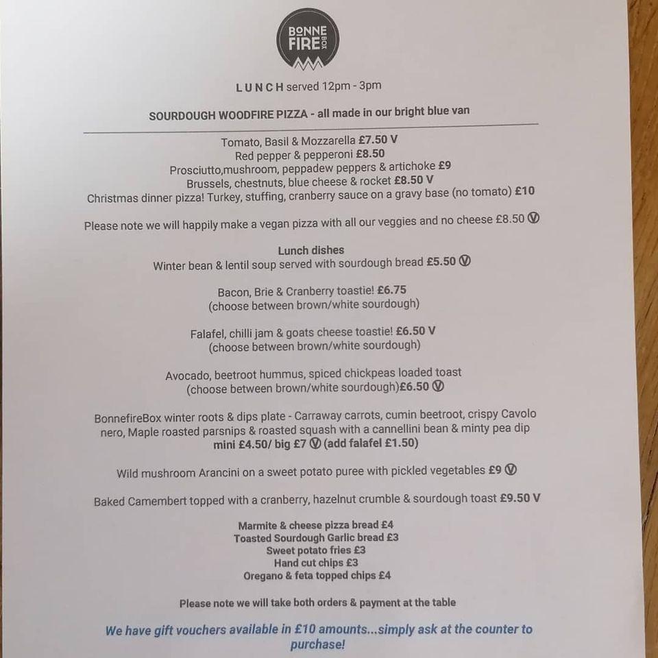 Menu at Bonnefirebox cafe, Saffron Walden