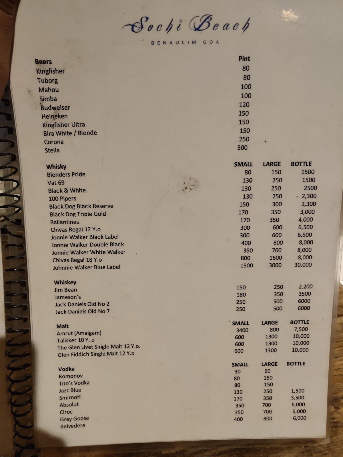 Sochi Beach menu