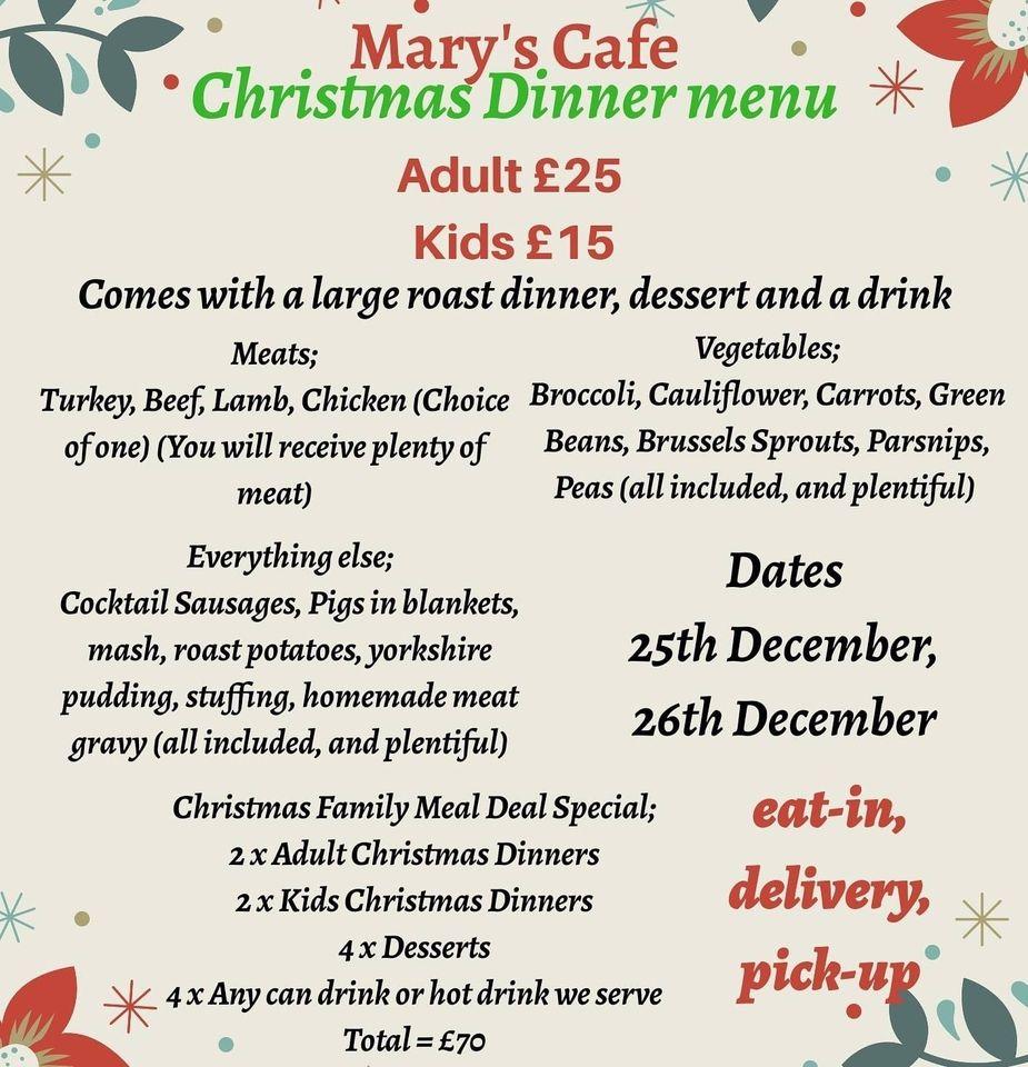 Menu at Mary's Cafe DialARoast Wirral, Wallasey
