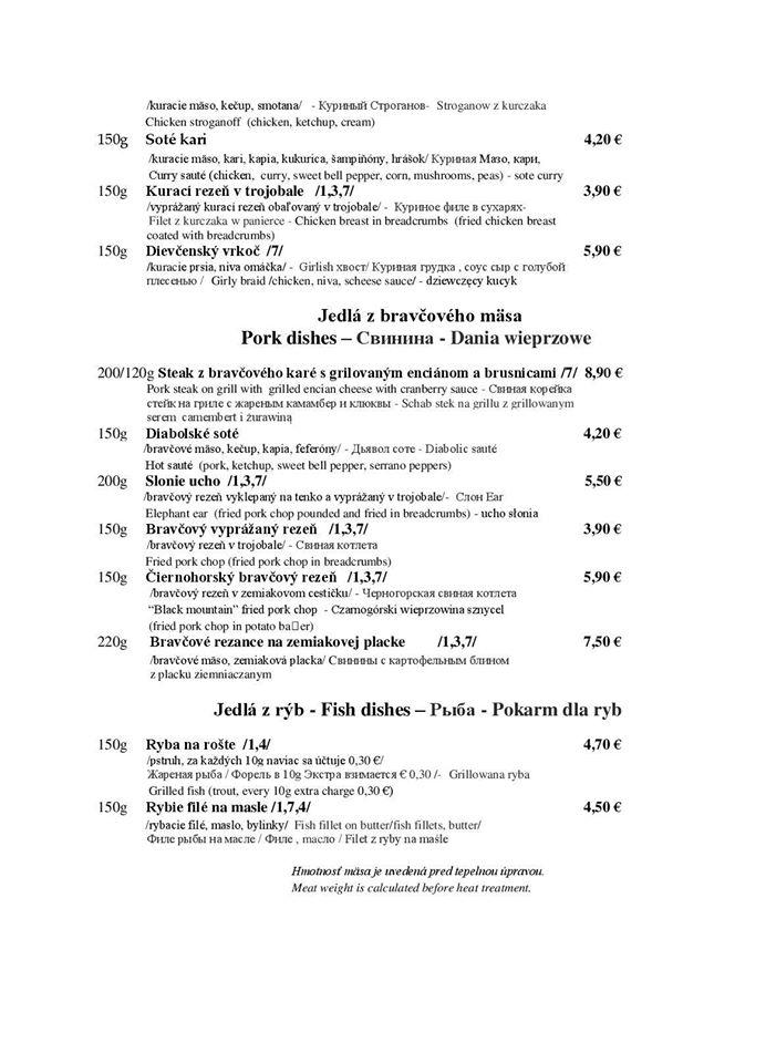 Menu at Restauracia Pod Hradom restaurant, Lada, Lada 195