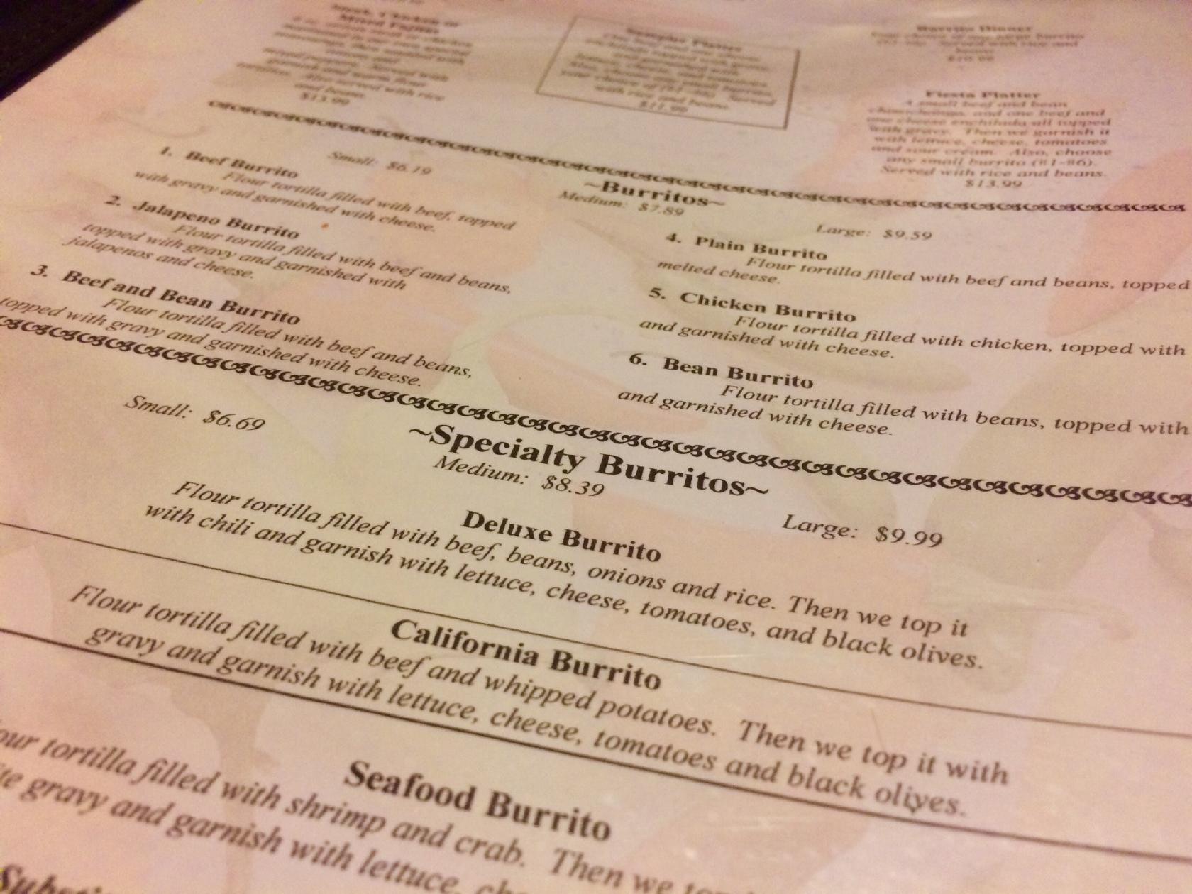 Menu at Mexican Village restaurant, Grand Forks