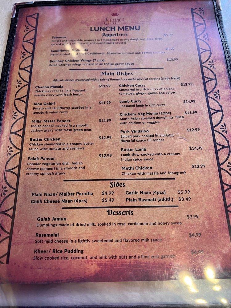 Menu at Saffron Twin Falls restaurant, Twin Falls