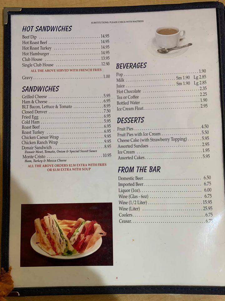 Menu at Tony's Donair restaurant, Falher