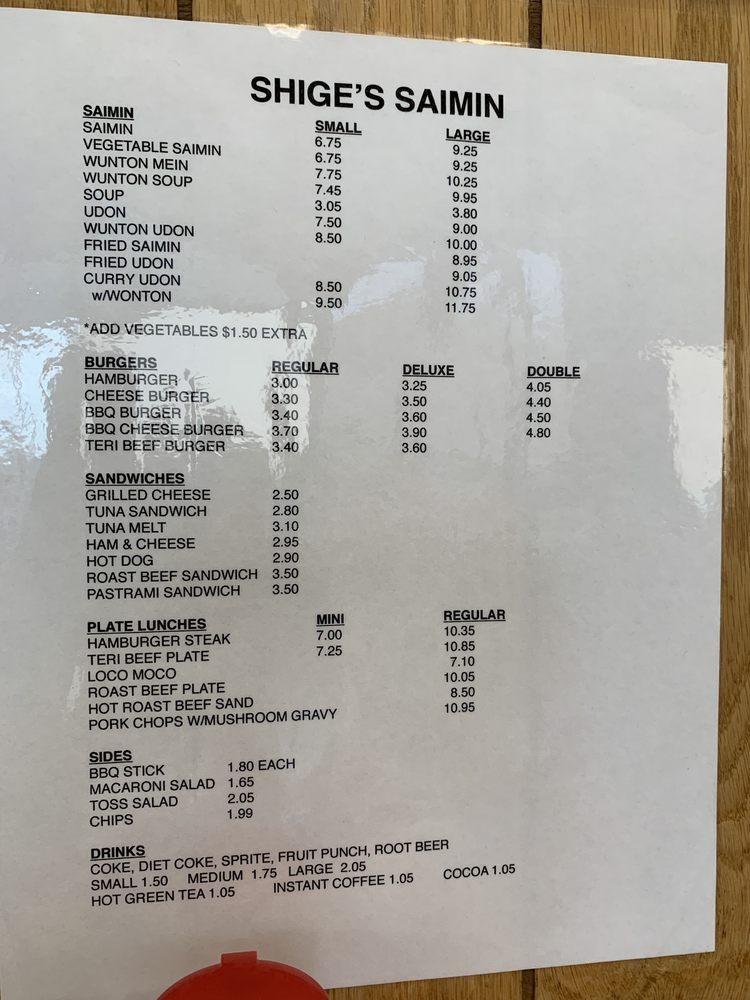 Menu at Shige's Saimin Stand restaurant, Wahiawa