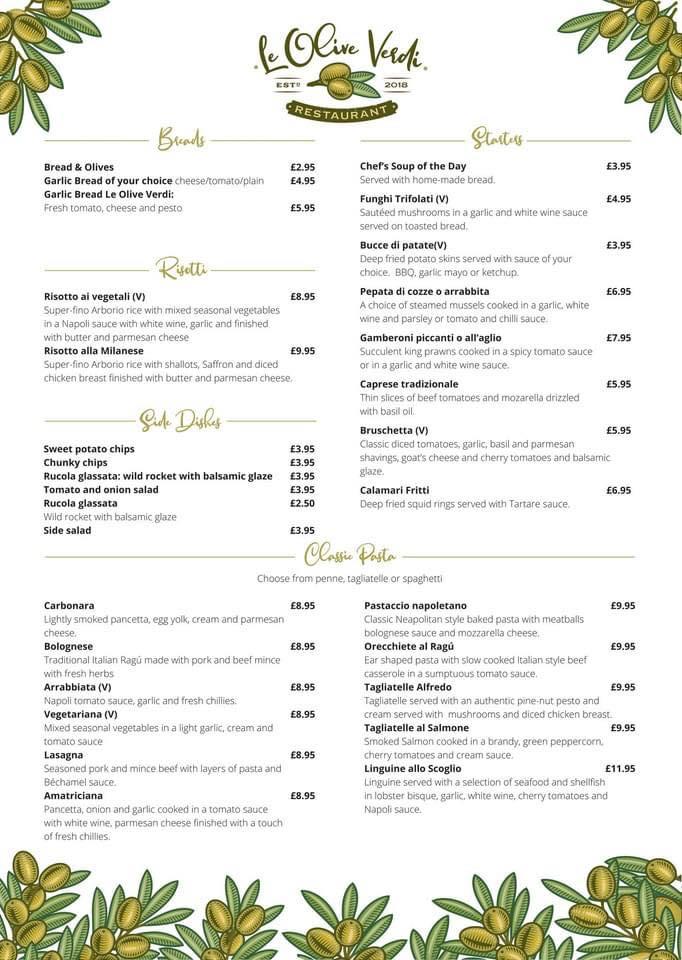 Menu at Le Olive Verdi restaurant, Gateshead