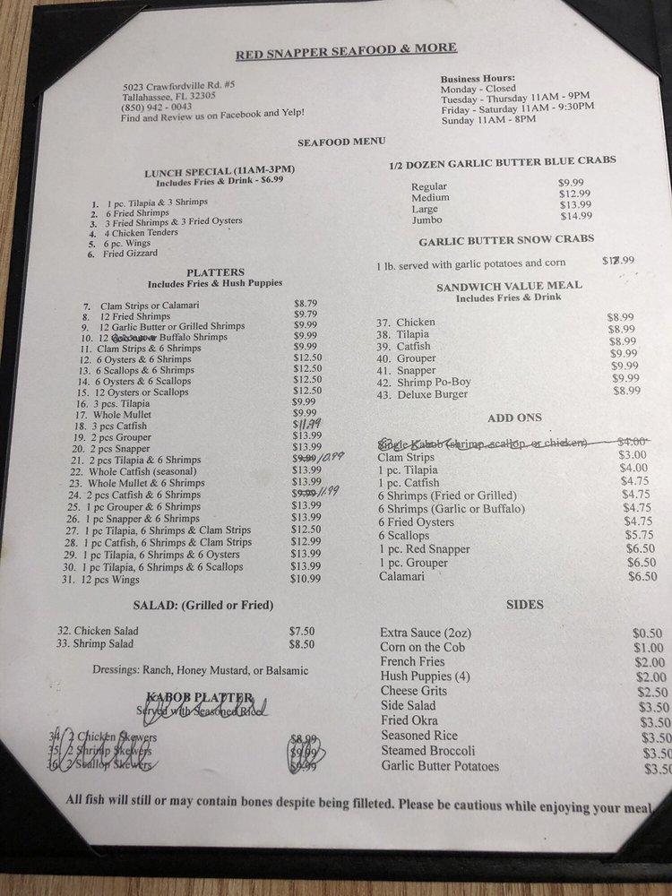 Menu at Red Snapper restaurant, Tallahassee, Crawfordville Rd 5