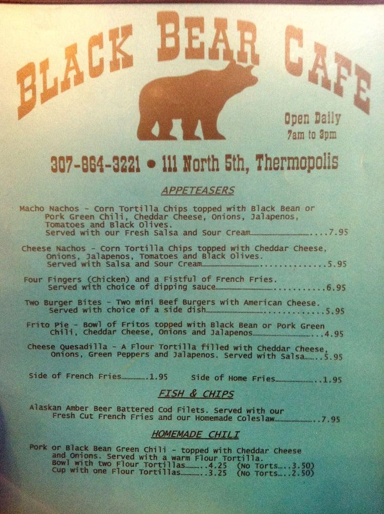 Menu at Black Bear Cafe, Thermopolis