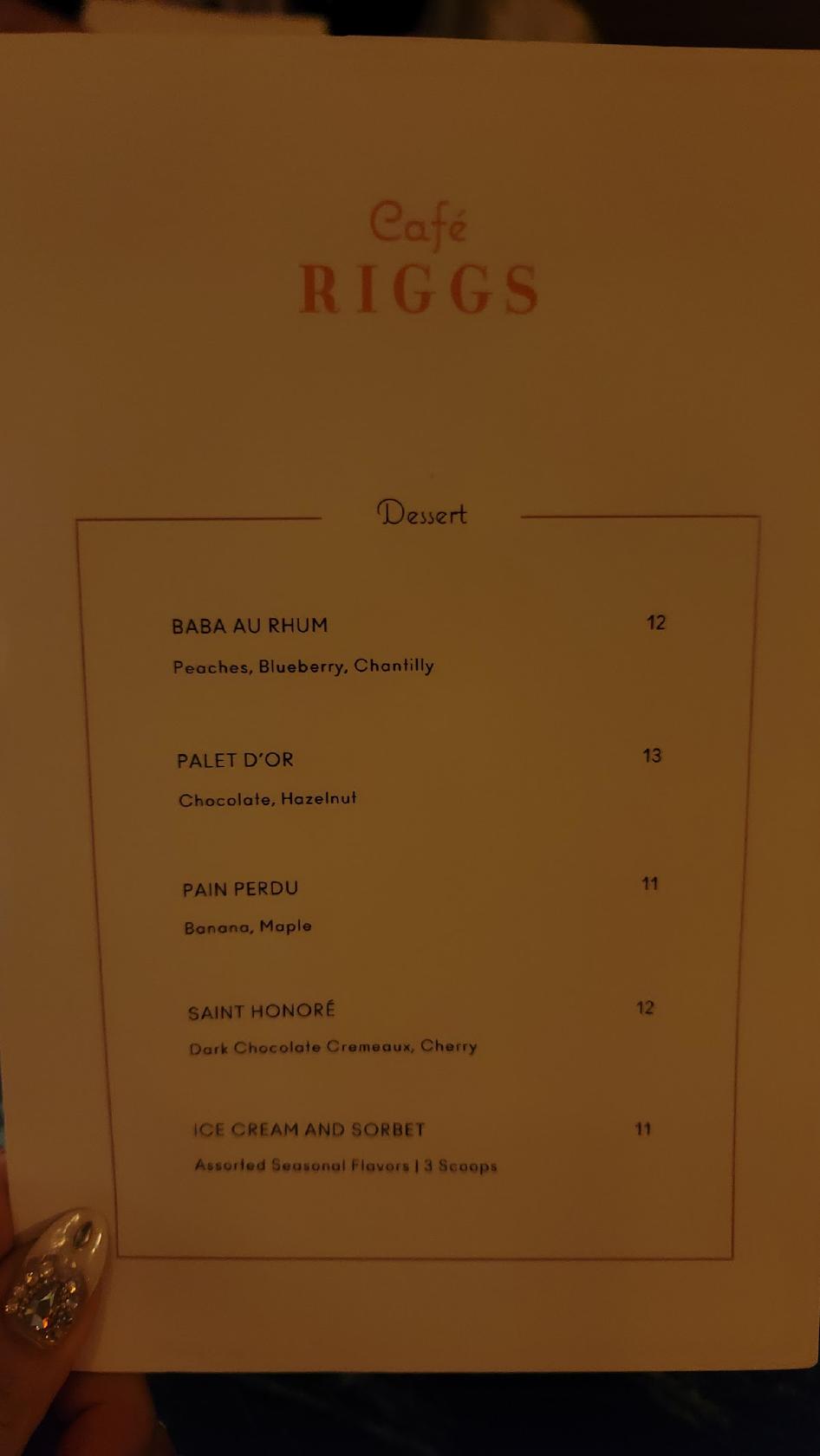 Menu at Café Riggs restaurant, Washington