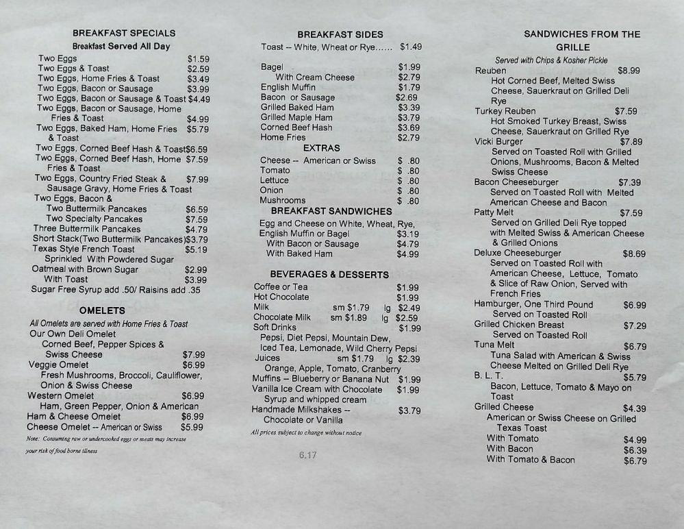 Menu at Vicki's Diner & Deli restaurant, Westlake