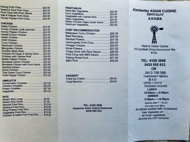 Menu at Kimberley restaurant, Kununurra