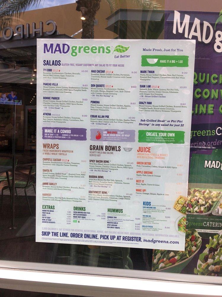 Menu at MAD Greens Tempe Marketplace restaurant, Tempe, E Rio Salado
