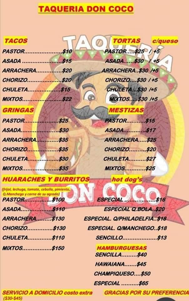 Menu at Taquería don coco restaurant, Chetumal, Maxuxac entre primero