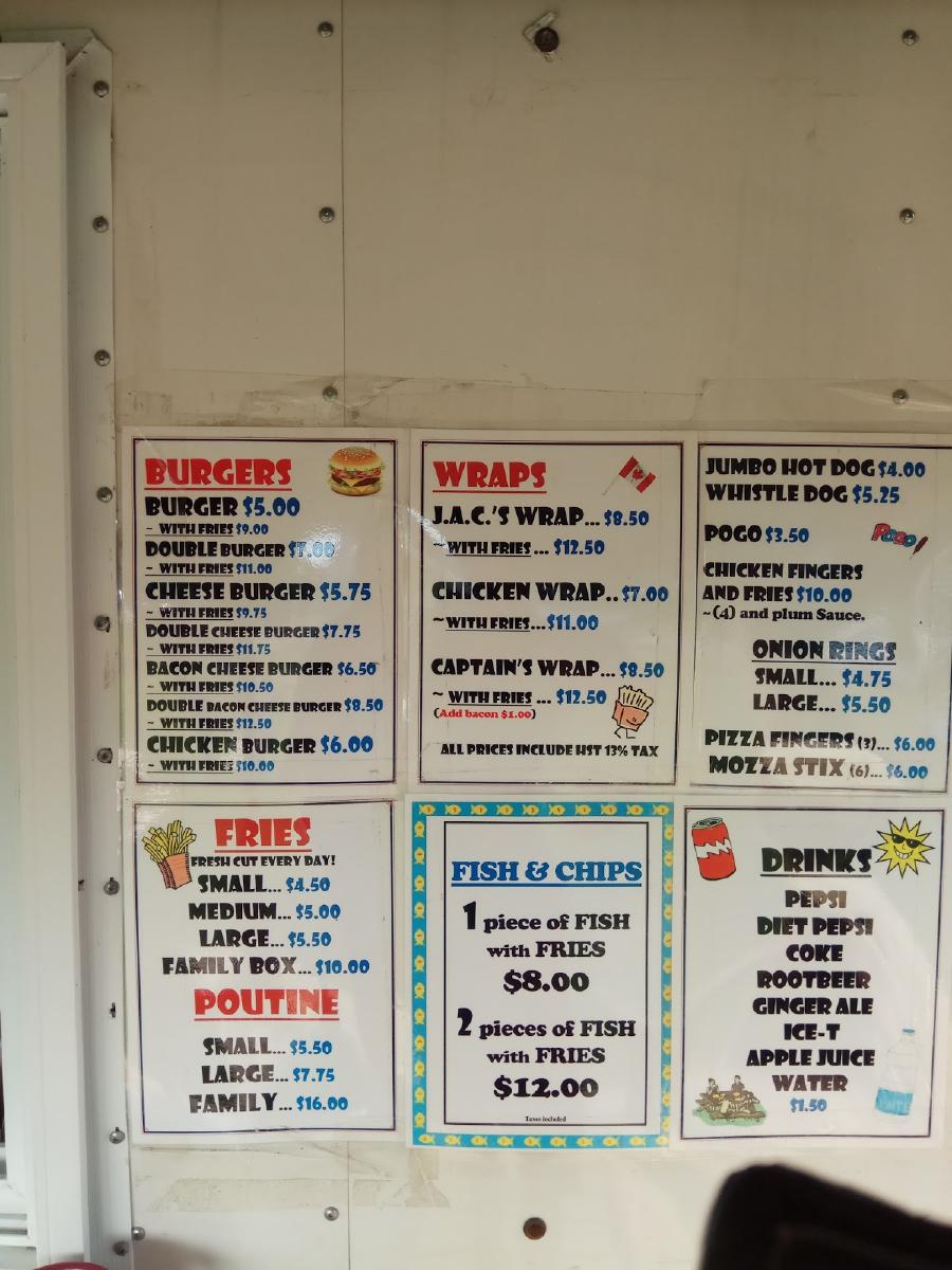 Menu at JAC's Chip Wagon fast food, Newboro