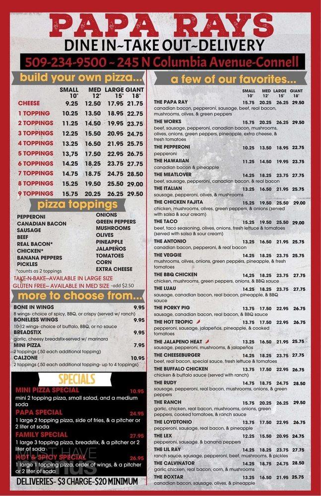 Carta de pizzería Papa Ray's, Connell