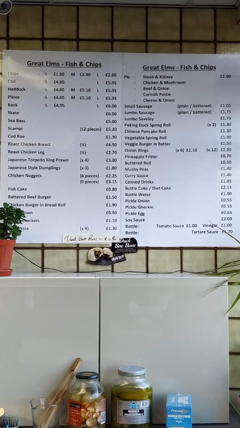 Menu at Great Elms Fish & Chips Takeaway restaurant, Hemel Hempstead