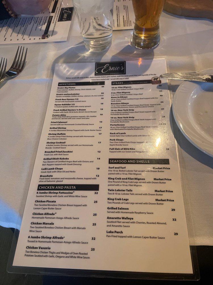 Menu at Ernie's Steakhouse, Saint John