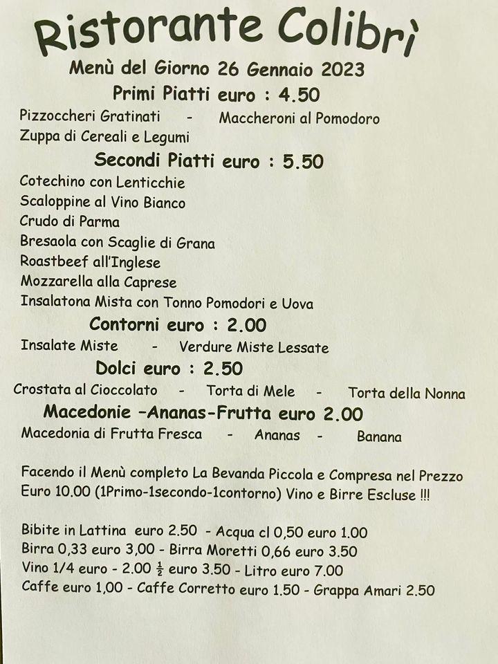 Menu di Ristorante Self Service Colibri' Bellusco 