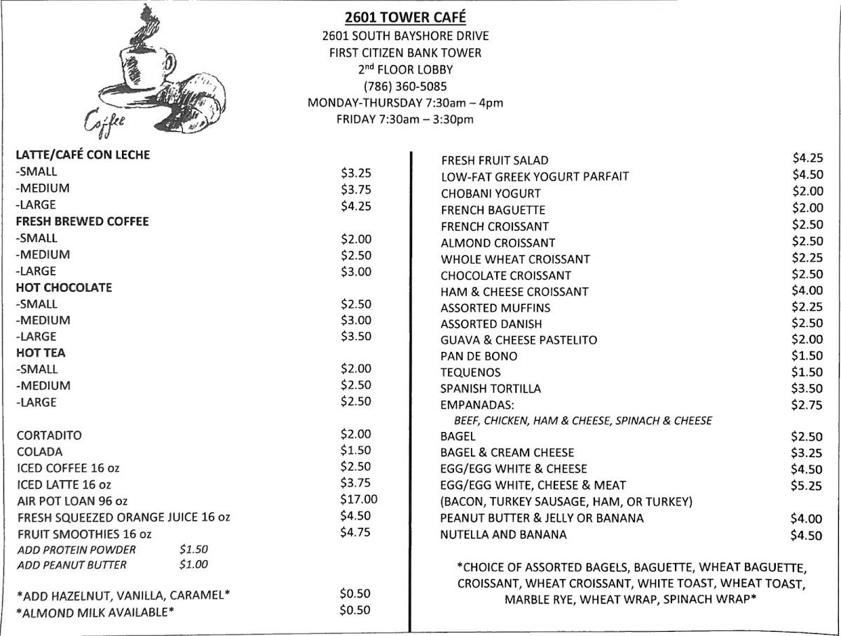 Menu at Tower Cafe, Miami, S Bayshore Dr