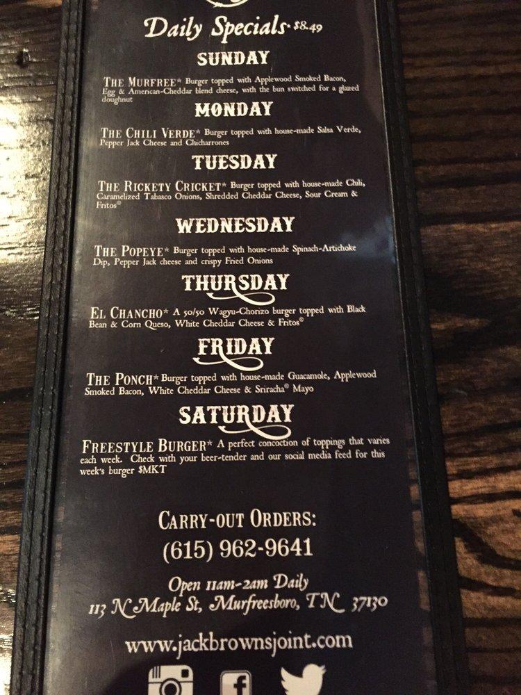 Menu at Jack Brown's Beer & Burger Joint Murfreesboro pub & bar