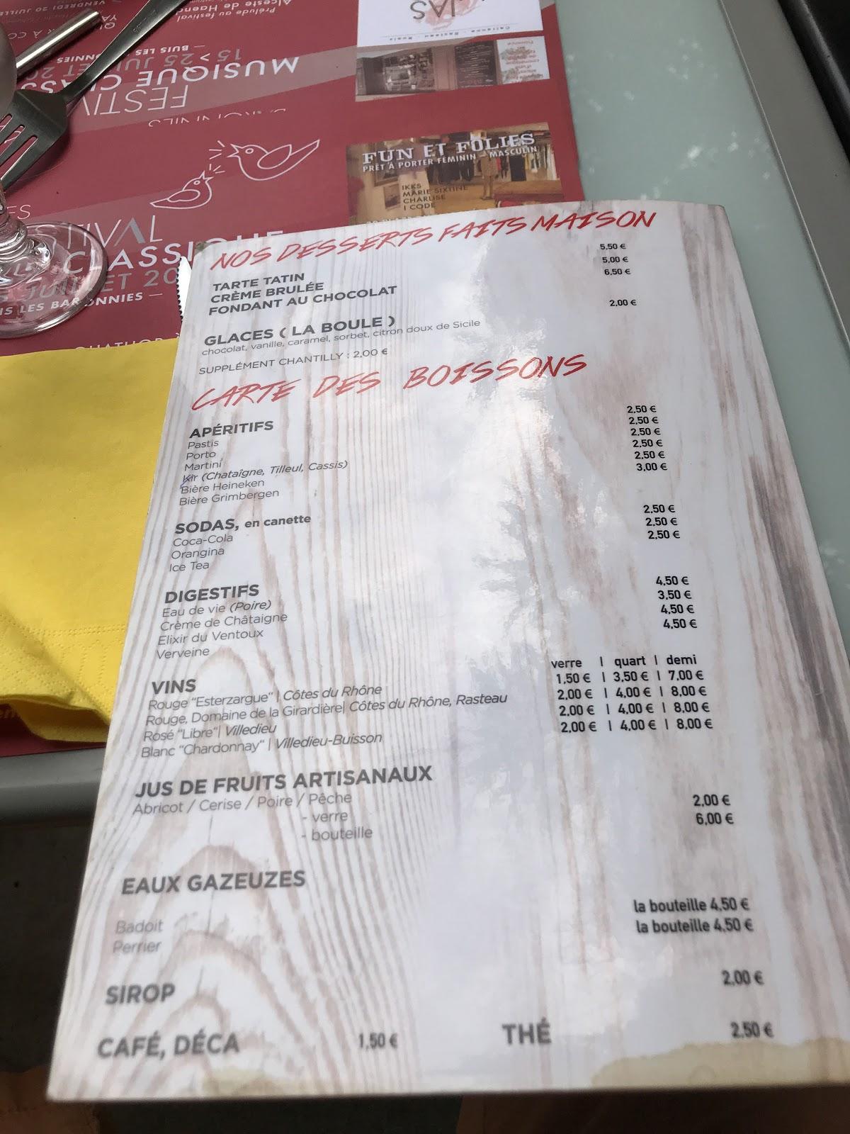 Menu au L'arbre à Pizza pizzeria, BuislesBaronnies
