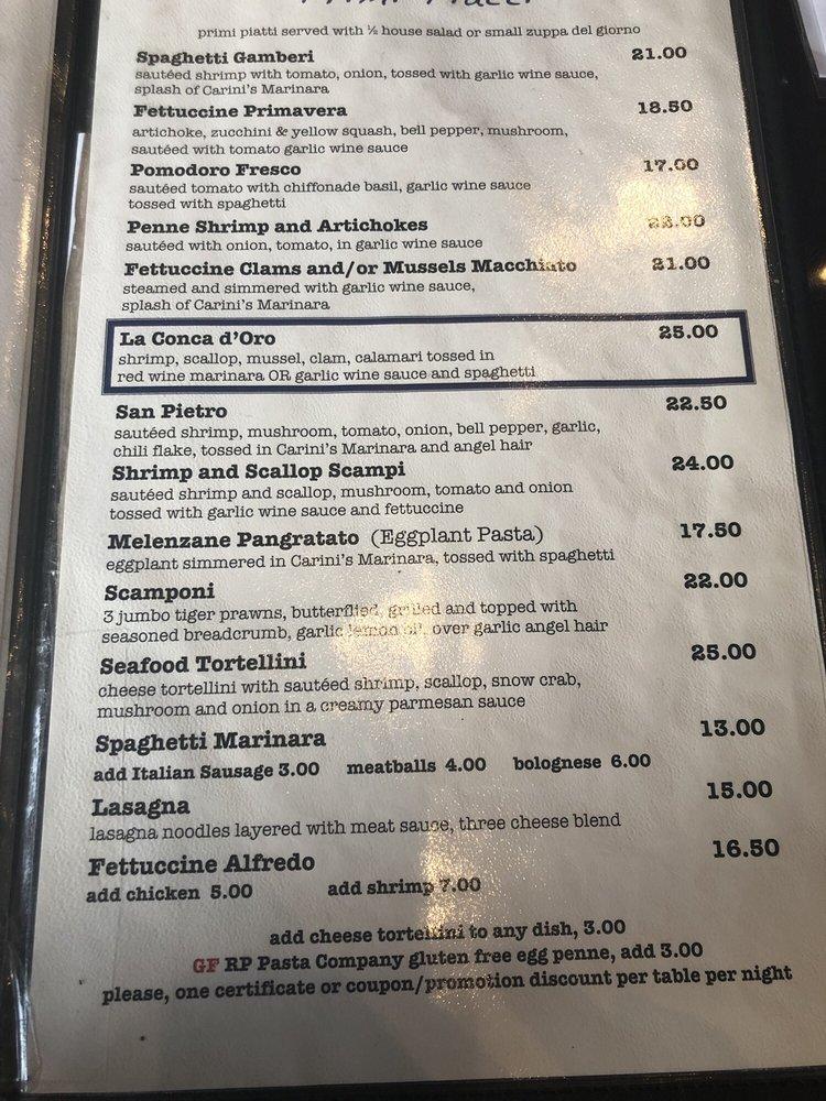 Menu at Carini's Southern Italian Restaurant, Milwaukee