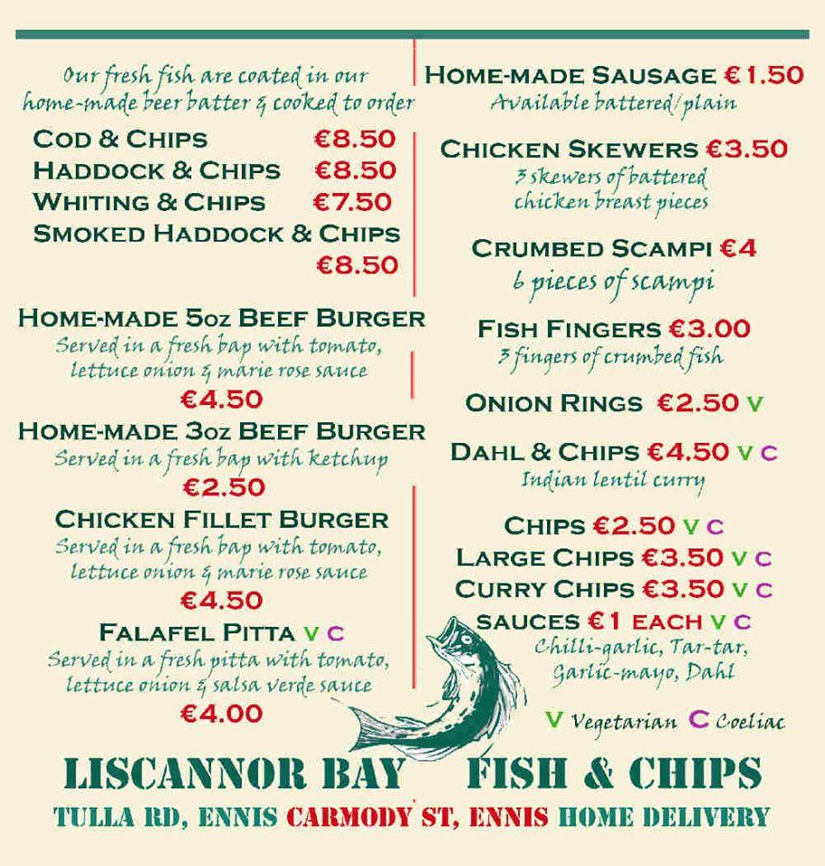Menu at Liscannor Bay Fish & Chips restaurant, Ennis
