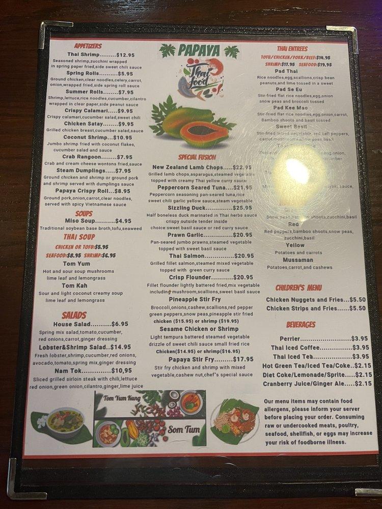 Menu at Papaya Thai & Sushi Bar, Beaufort