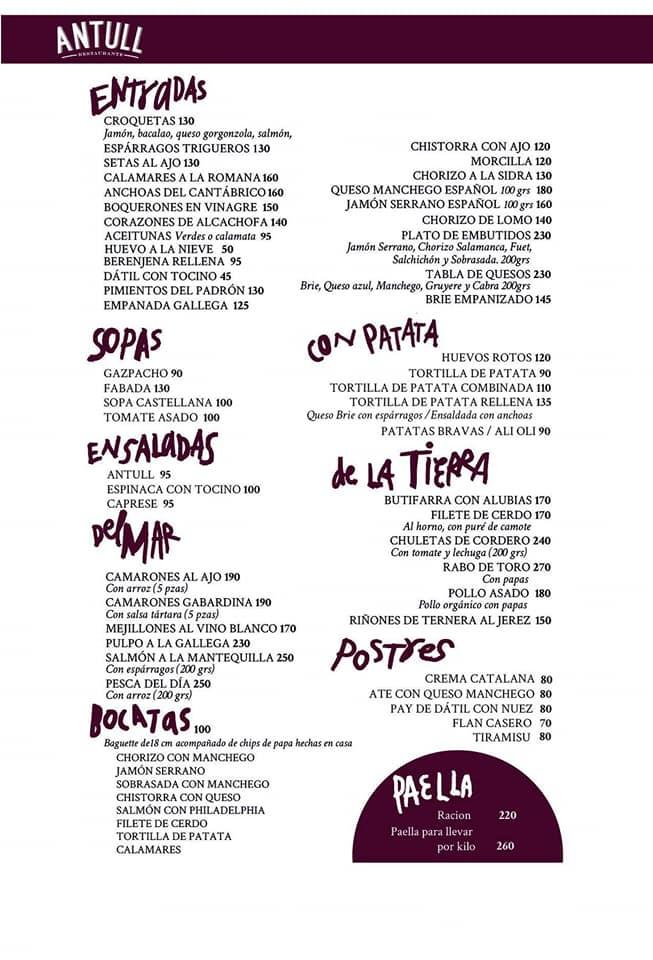 Menu At Antull Restaurante, Mexico City, Av. Francisco Sosa 165