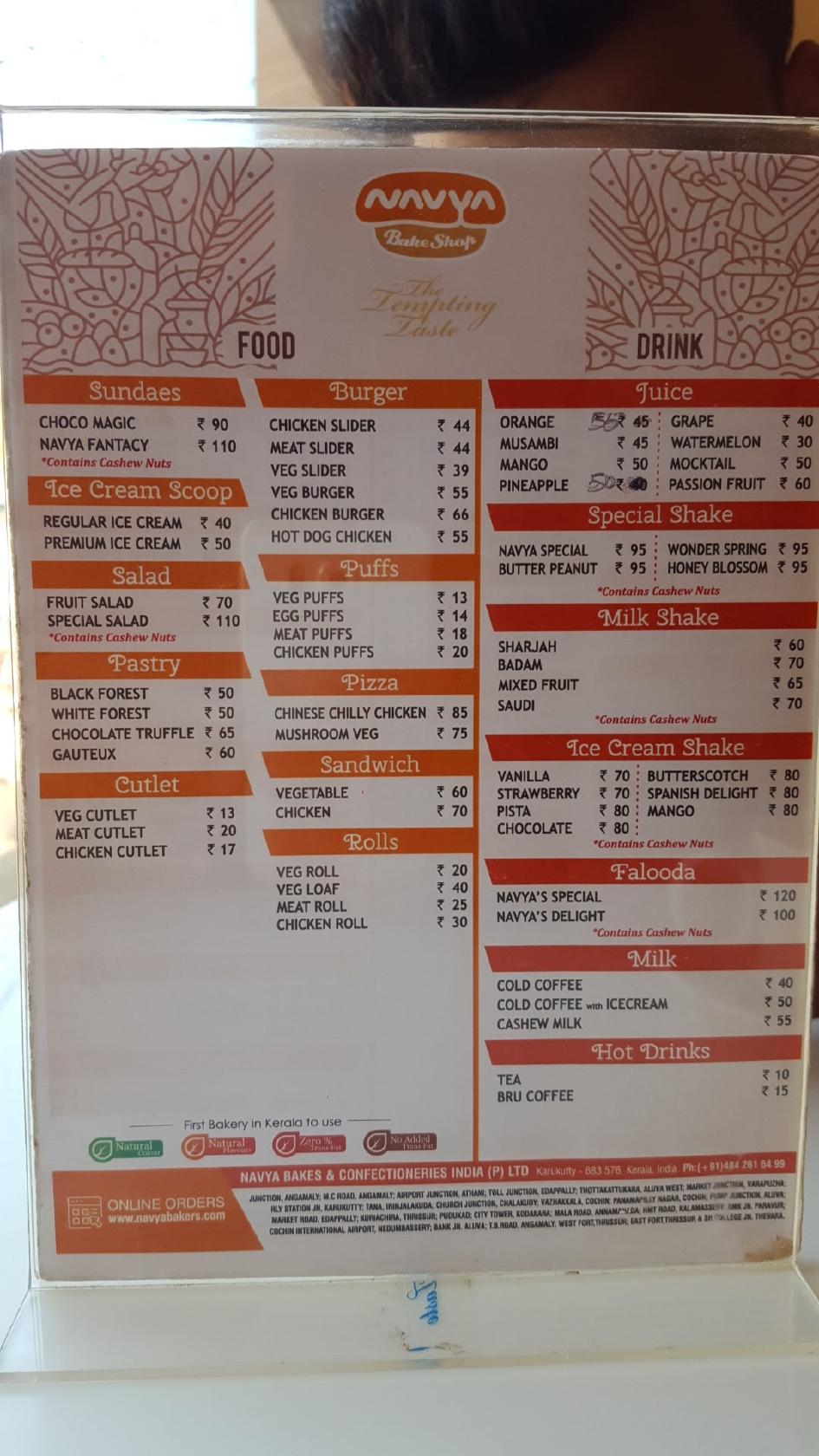 Menu at Navya Bakers, Angamaly