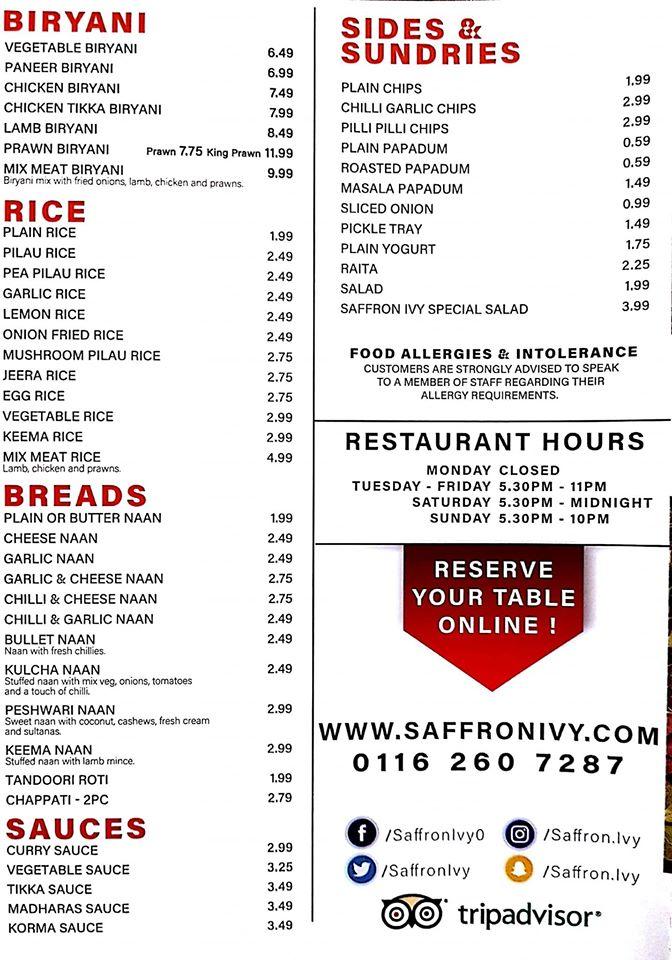 Menu at Saffron Ivy restaurant, Leicester
