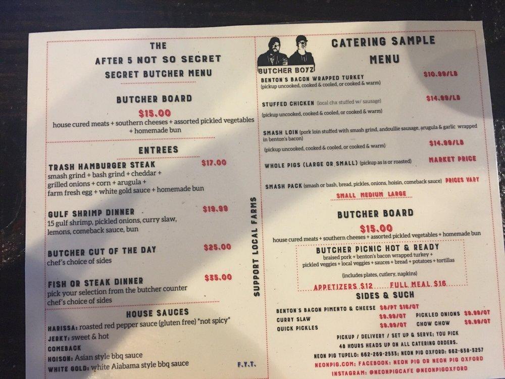 Menu at Neon Pig Tupelo cafe, Tupelo