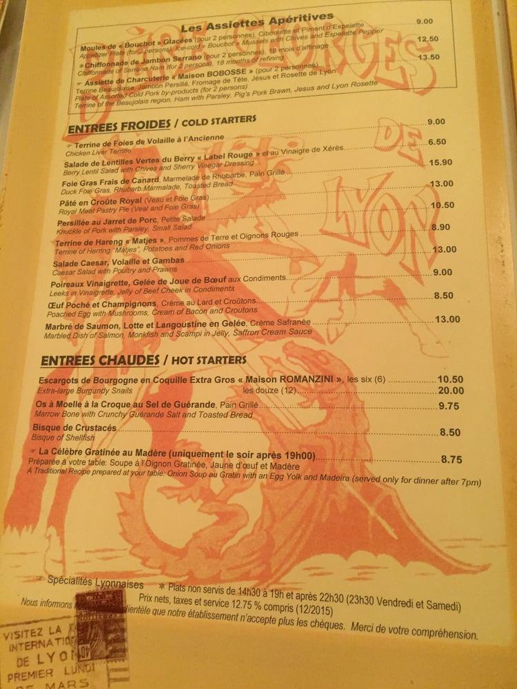 Menu au Brasserie restaurant, Lyon