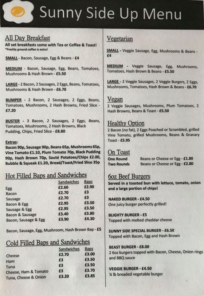Menu at SunnySideUp cafe, Norwich