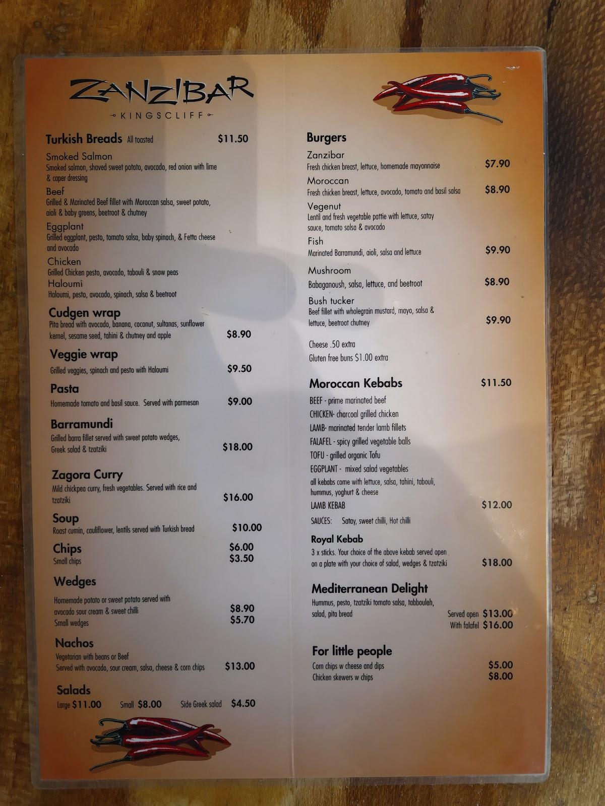 Menu at ZanzibarKingscliff, Kingscliff