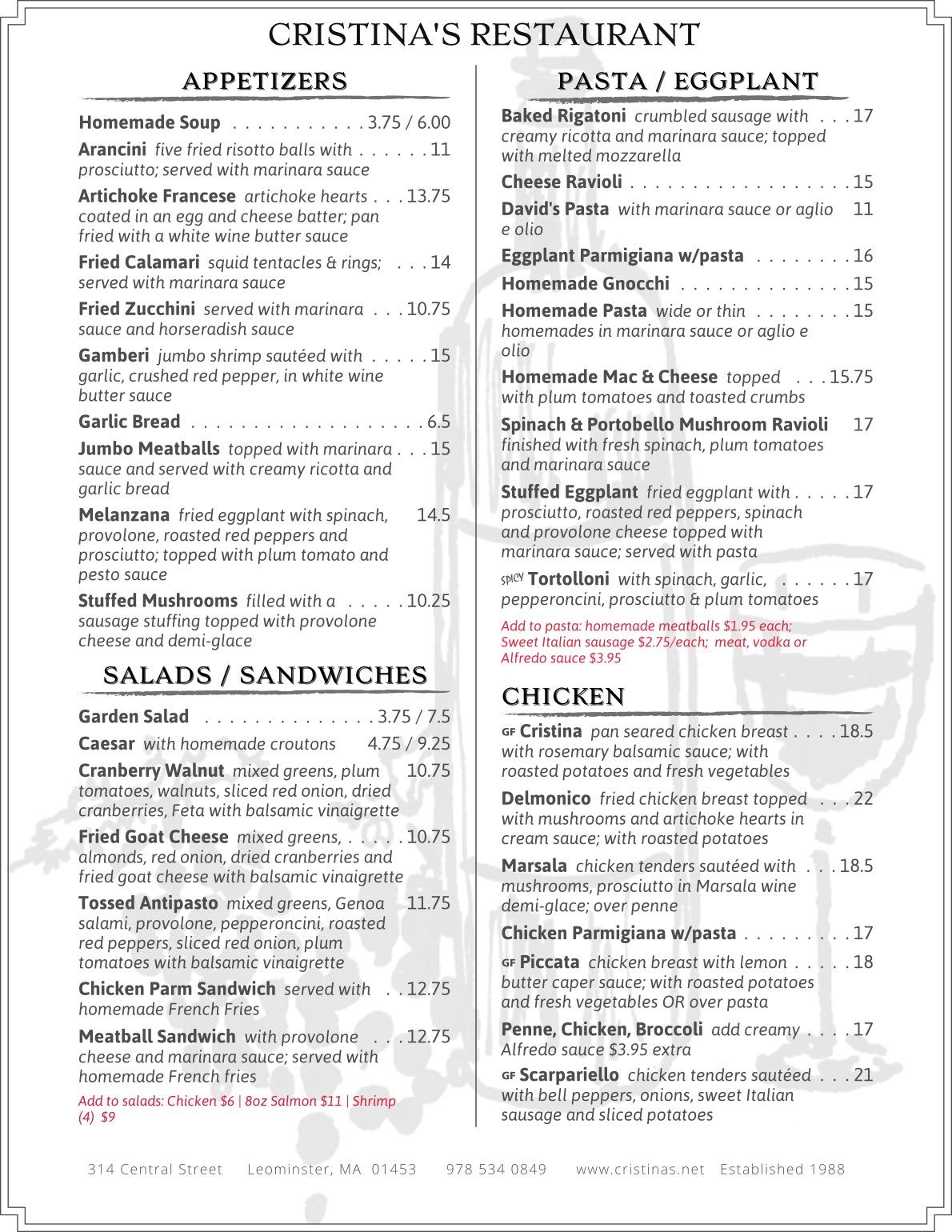 Menu at Cristina's Restaurant, Leominster
