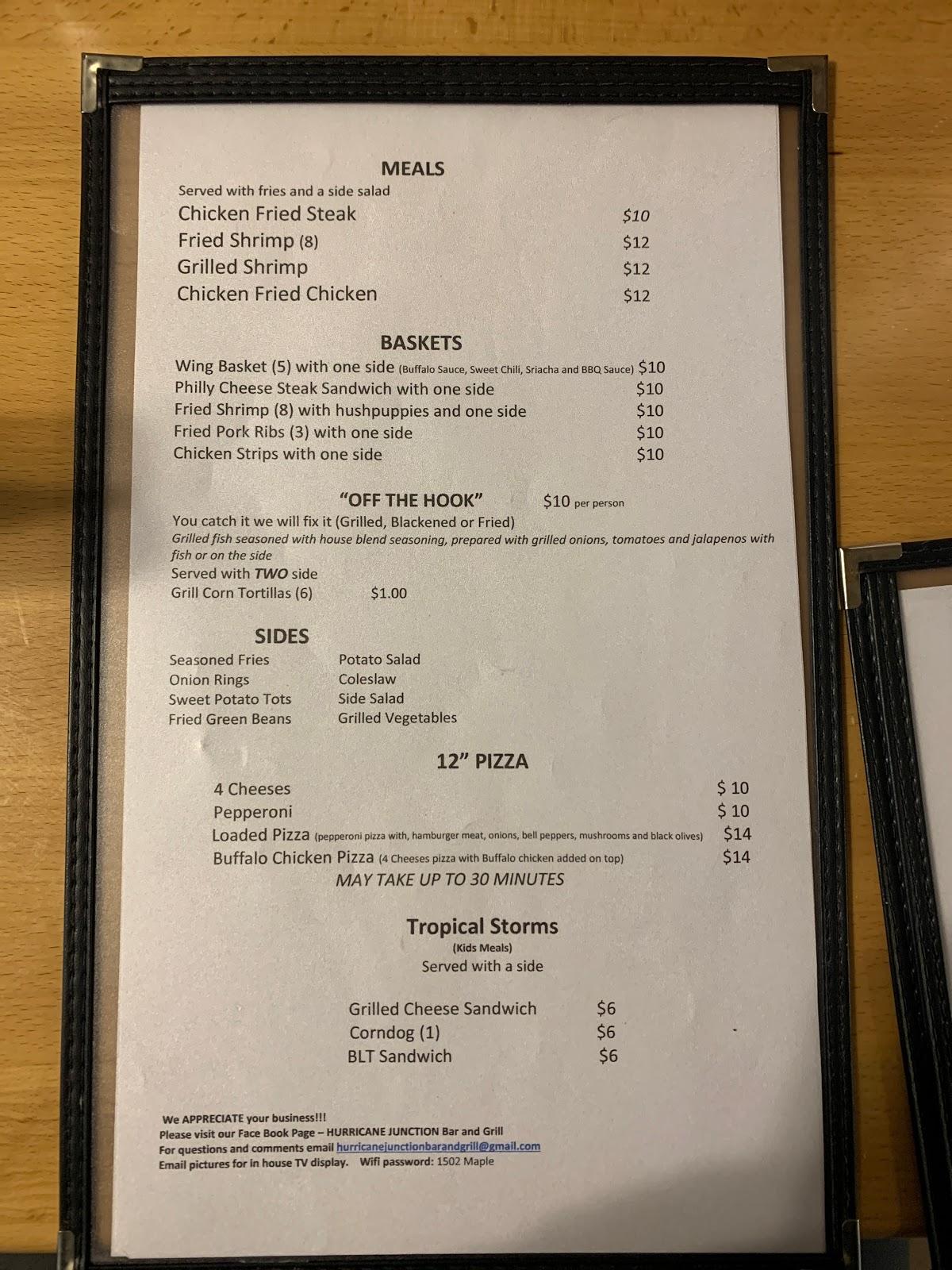 Menu at Hurricane Junction Bar and Grill, Port O'Connor