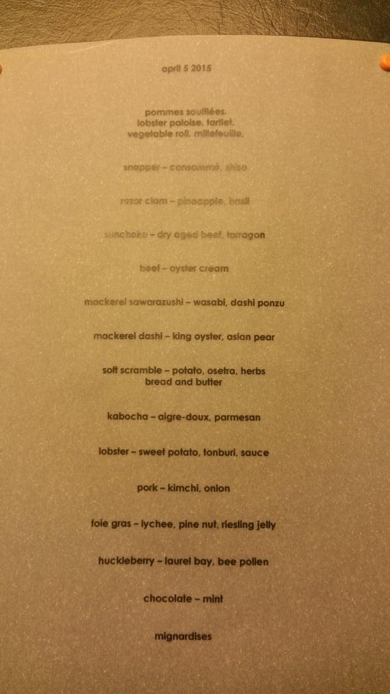 Menu at Momofuku Ko restaurant, New York City, 8 Extra Pl