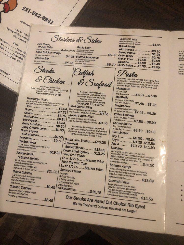 Menu at Bimbo's Restaurant, Silas, US84