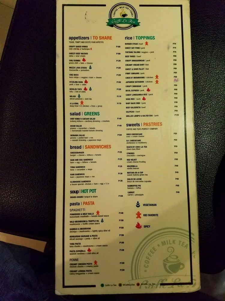 Menu at Caffe La Tea cafe, Cabanatuan City, KM 511